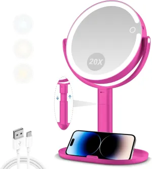 MIYADIVA Makeup Mirror with Lights, 20X Magnifying Mirror with Light and Touch Switch, Vanity Mirror with 3 Color Light and 80 LEDs, Height Adjustable Desk Mirror with Light, Hot Pink
