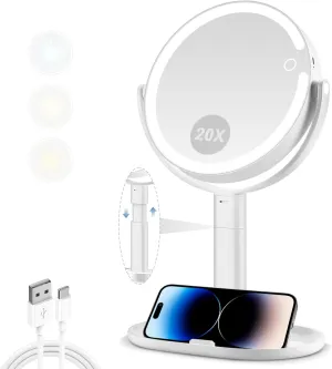 MIYADIVA Makeup Mirror with Lights, 20X Magnifying Mirror with Light and Touch Switch, Vanity Mirror with 3 Color Light and 80 LEDs, Height Adjustable Desk Mirror with Light, White
