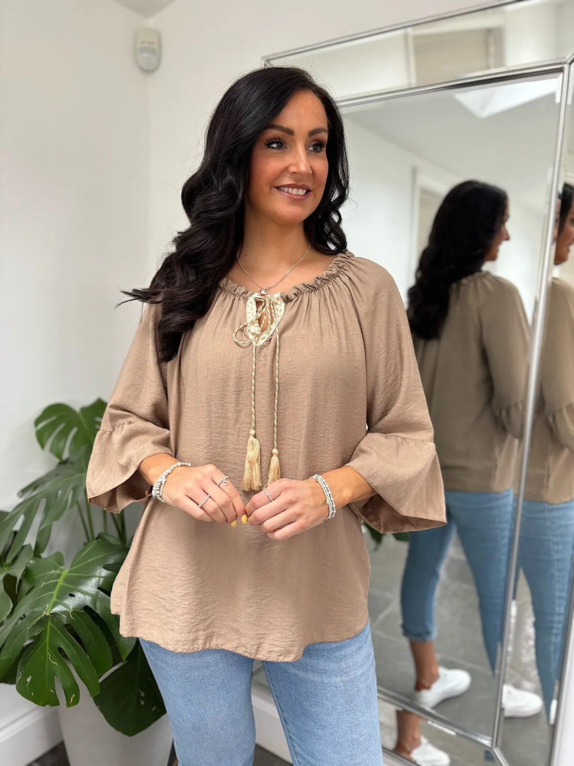 Mocha Tassel Bardot Top Frances
