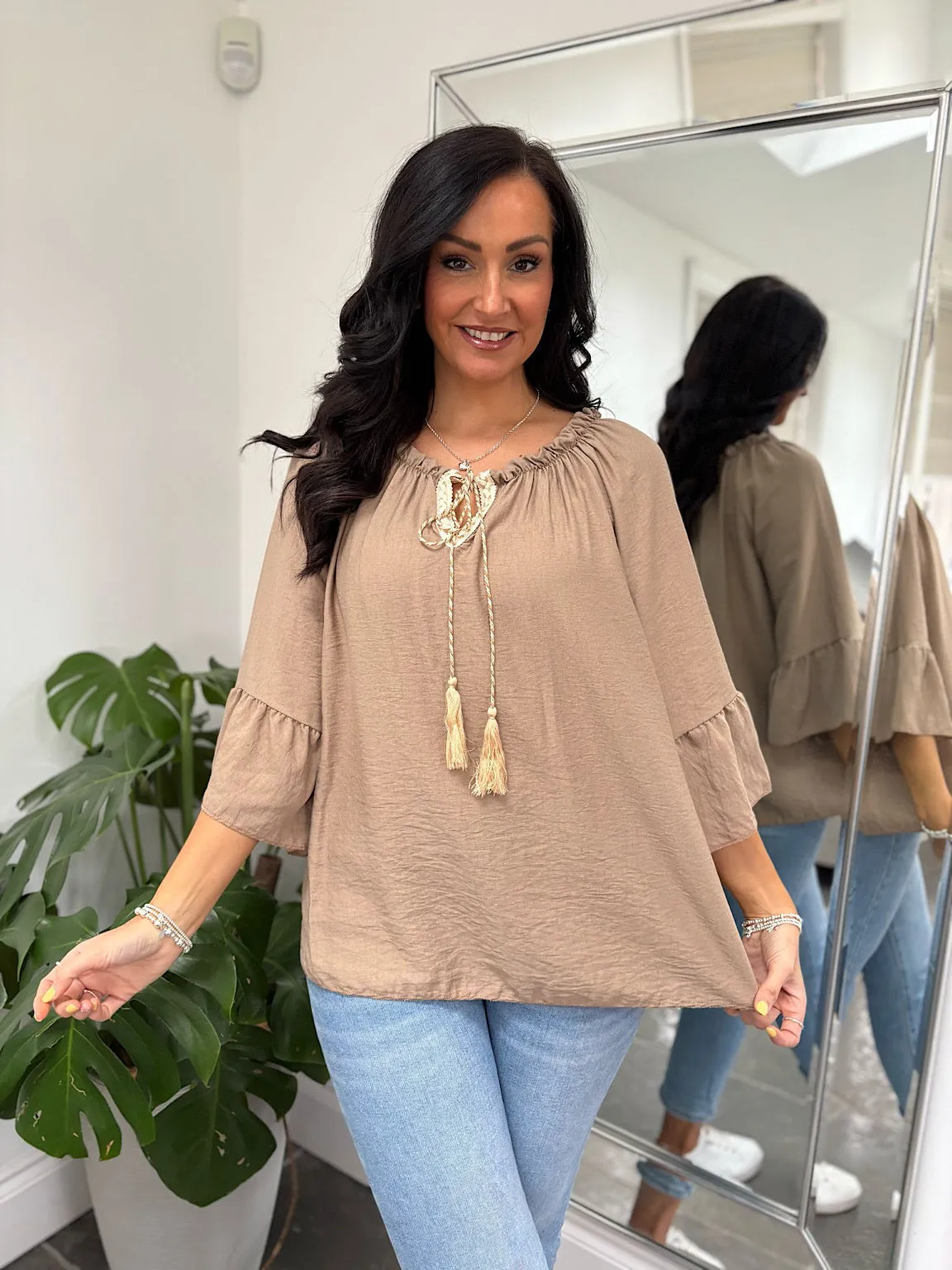 Mocha Tassel Bardot Top Frances