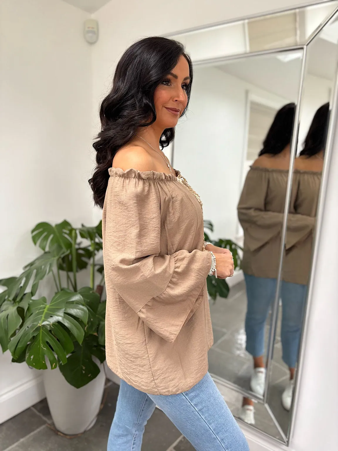 Mocha Tassel Bardot Top Frances