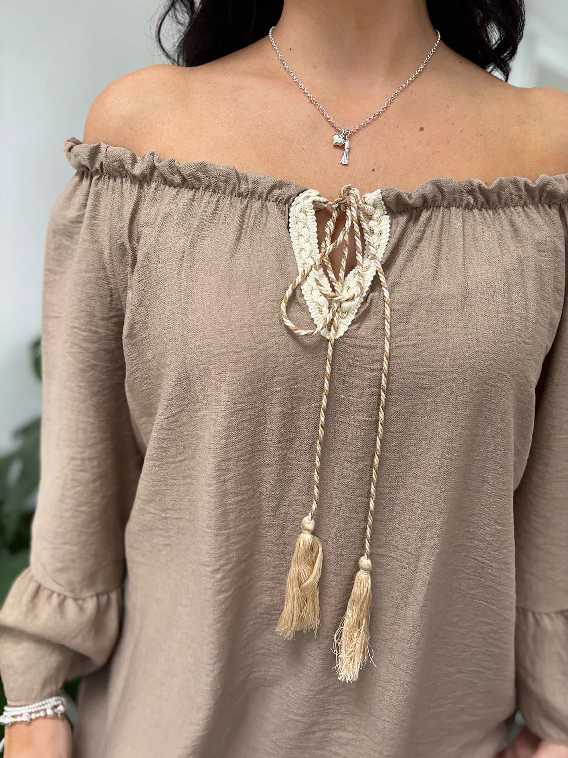 Mocha Tassel Bardot Top Frances