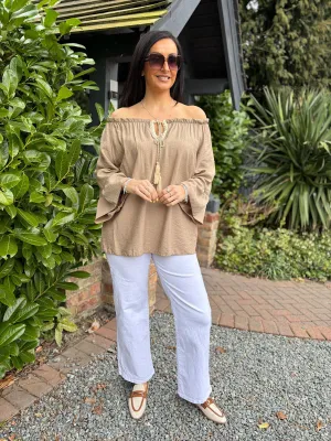 Mocha Tassel Bardot Top Frances