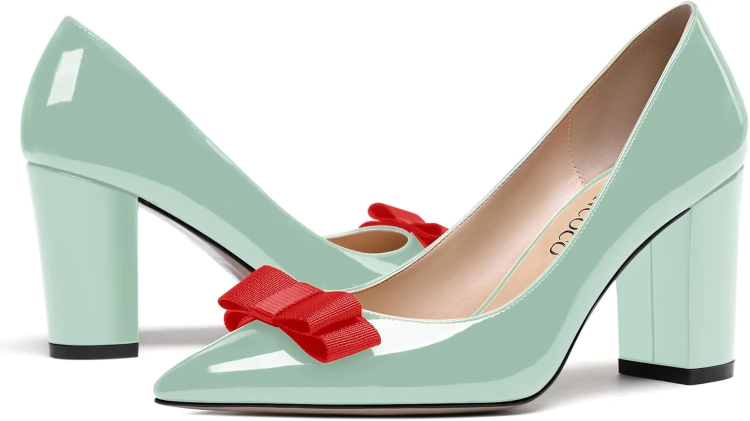 MODENCOCO Women's Bow Slip On Pointed Toe Patent Block High Heel Pumps Evening Party Dress Shoes 3.5 Inch