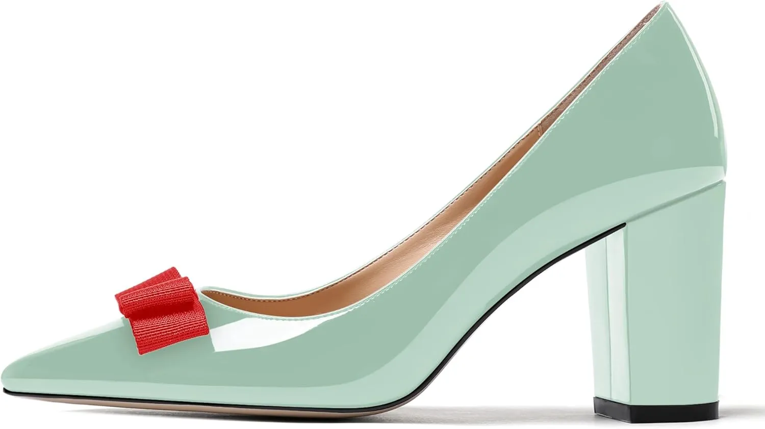 MODENCOCO Women's Bow Slip On Pointed Toe Patent Block High Heel Pumps Evening Party Dress Shoes 3.5 Inch