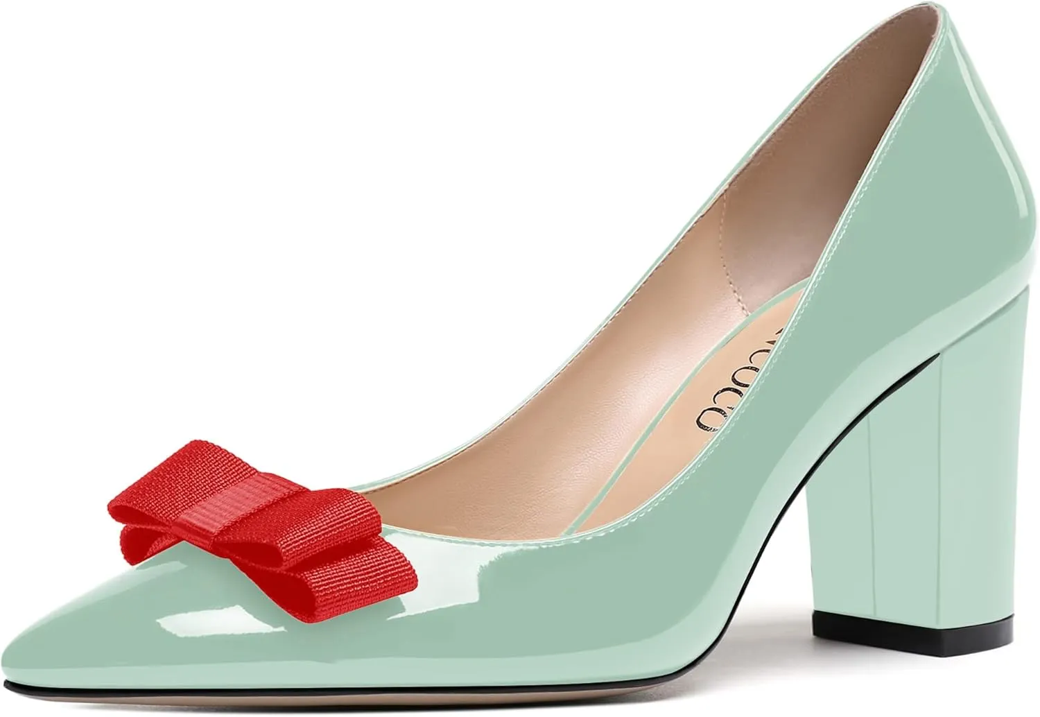 MODENCOCO Women's Bow Slip On Pointed Toe Patent Block High Heel Pumps Evening Party Dress Shoes 3.5 Inch