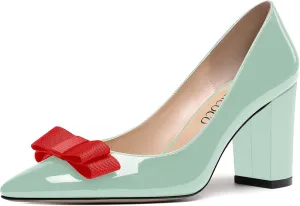 MODENCOCO Women's Bow Slip On Pointed Toe Patent Block High Heel Pumps Evening Party Dress Shoes 3.5 Inch
