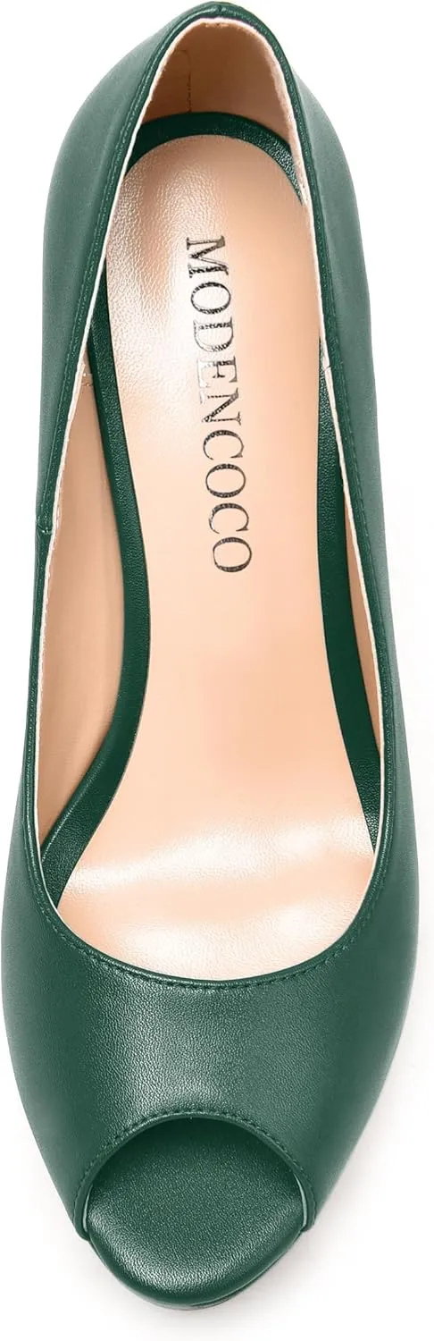MODENCOCO Womens Fashion Platform Slip On Sexy Matte Evening Peep Toe Block High Heel Pumps Shoes 5 Inch