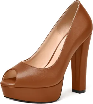 MODENCOCO Womens Fashion Platform Slip On Sexy Matte Evening Peep Toe Block High Heel Pumps Shoes 5 Inch
