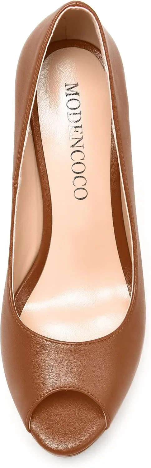 MODENCOCO Womens Fashion Platform Slip On Sexy Matte Evening Peep Toe Block High Heel Pumps Shoes 5 Inch