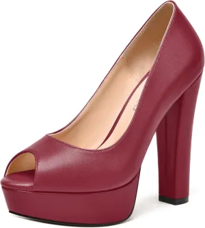 MODENCOCO Womens Fashion Platform Slip On Sexy Matte Evening Peep Toe Block High Heel Pumps Shoes 5 Inch