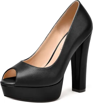 MODENCOCO Womens Fashion Platform Slip On Sexy Matte Evening Peep Toe Block High Heel Pumps Shoes 5 Inch