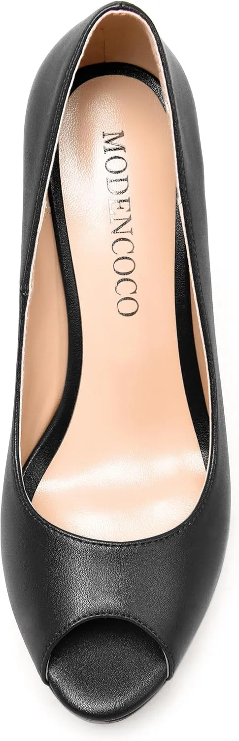MODENCOCO Womens Fashion Platform Slip On Sexy Matte Evening Peep Toe Block High Heel Pumps Shoes 5 Inch