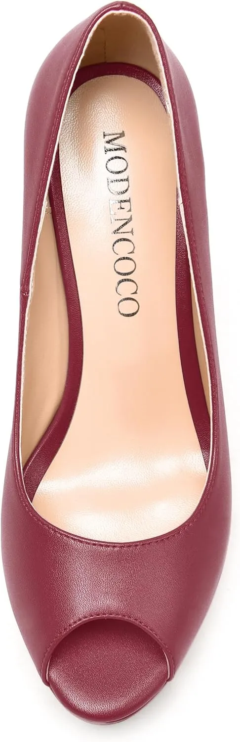 MODENCOCO Womens Fashion Platform Slip On Sexy Matte Evening Peep Toe Block High Heel Pumps Shoes 5 Inch