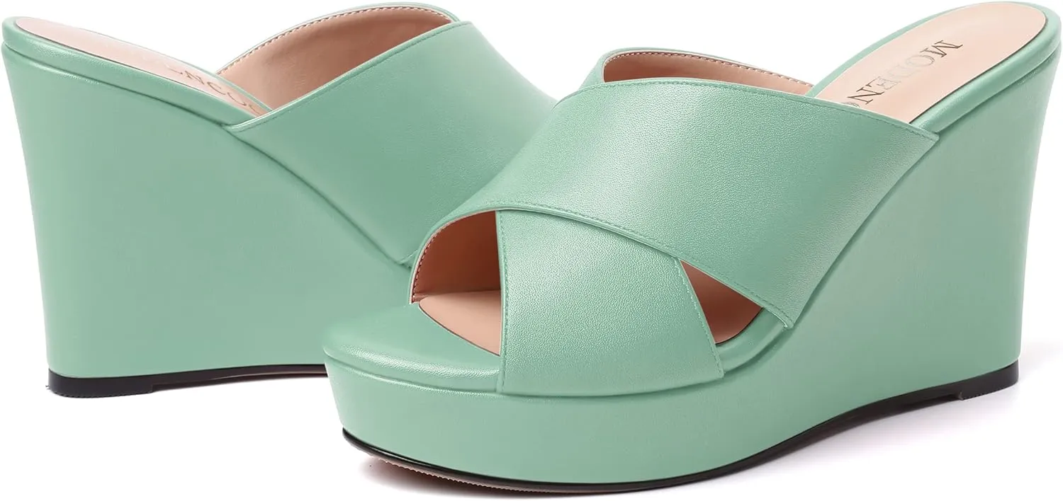 MODENCOCO Womens Open Toe Fashion Matte Slip On Platform Casual Wedge High Heel Heeled Dressy Sandals 4 Inch