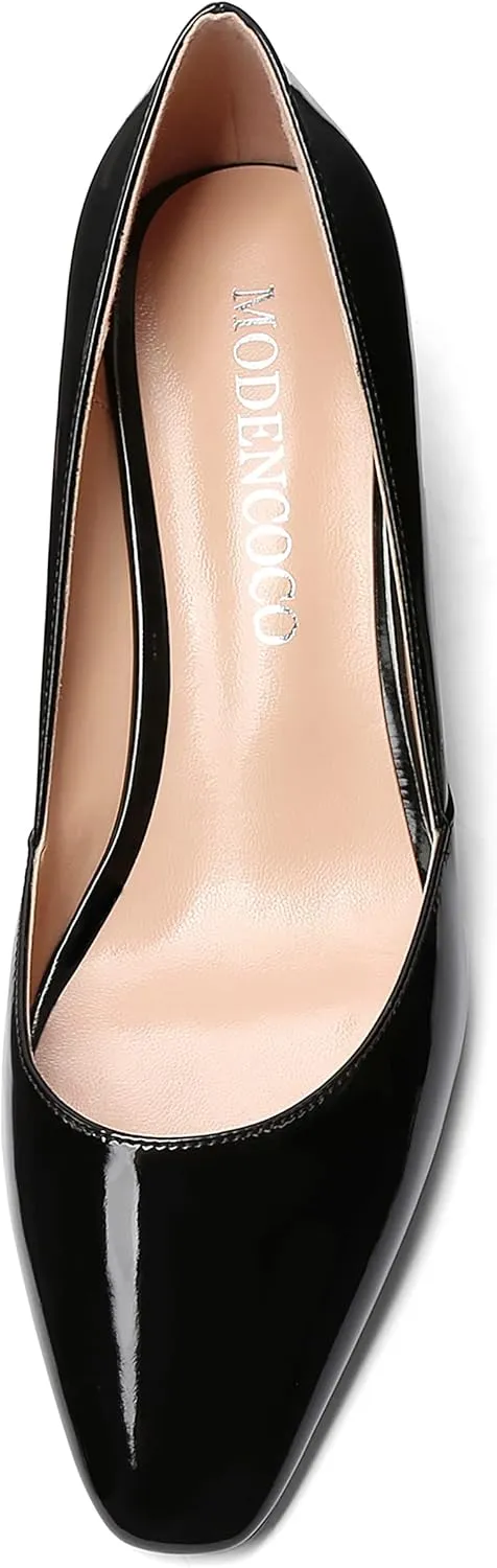 MODENCOCO Women's Patent Casual Slip On Square Toe Office Wedge Low Heel Pumps Shoes 2 Inch