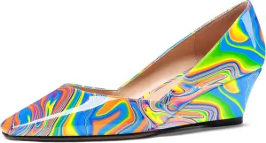 MODENCOCO Women's Patent Casual Slip On Square Toe Office Wedge Low Heel Pumps Shoes 2 Inch