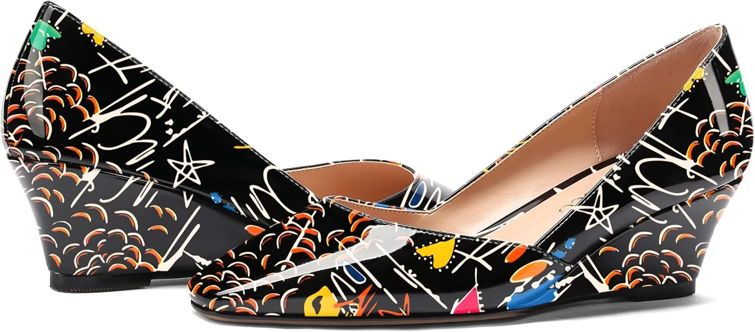 MODENCOCO Women's Patent Casual Slip On Square Toe Office Wedge Low Heel Pumps Shoes 2 Inch
