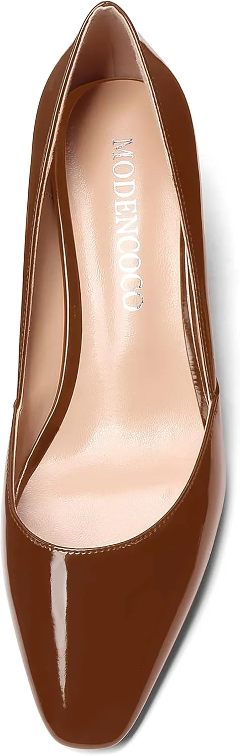 MODENCOCO Women's Patent Casual Slip On Square Toe Office Wedge Low Heel Pumps Shoes 2 Inch