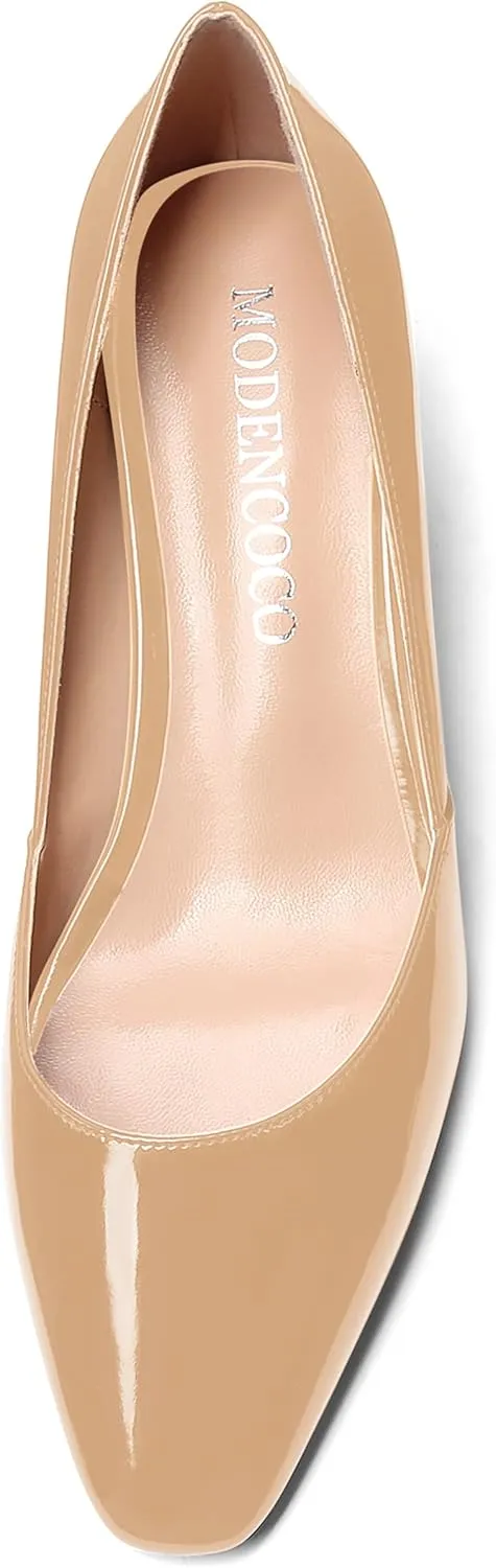 MODENCOCO Women's Patent Casual Slip On Square Toe Office Wedge Low Heel Pumps Shoes 2 Inch
