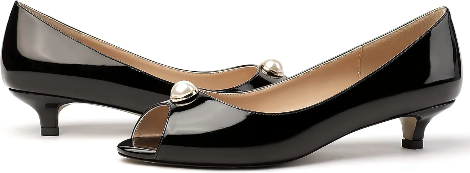 MODENCOCO Women's Patent Pearl Decoration Slip On Peep Toe Kitten Low Heel Pumps Shoes 1.5 Inch
