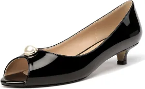MODENCOCO Women's Patent Pearl Decoration Slip On Peep Toe Kitten Low Heel Pumps Shoes 1.5 Inch