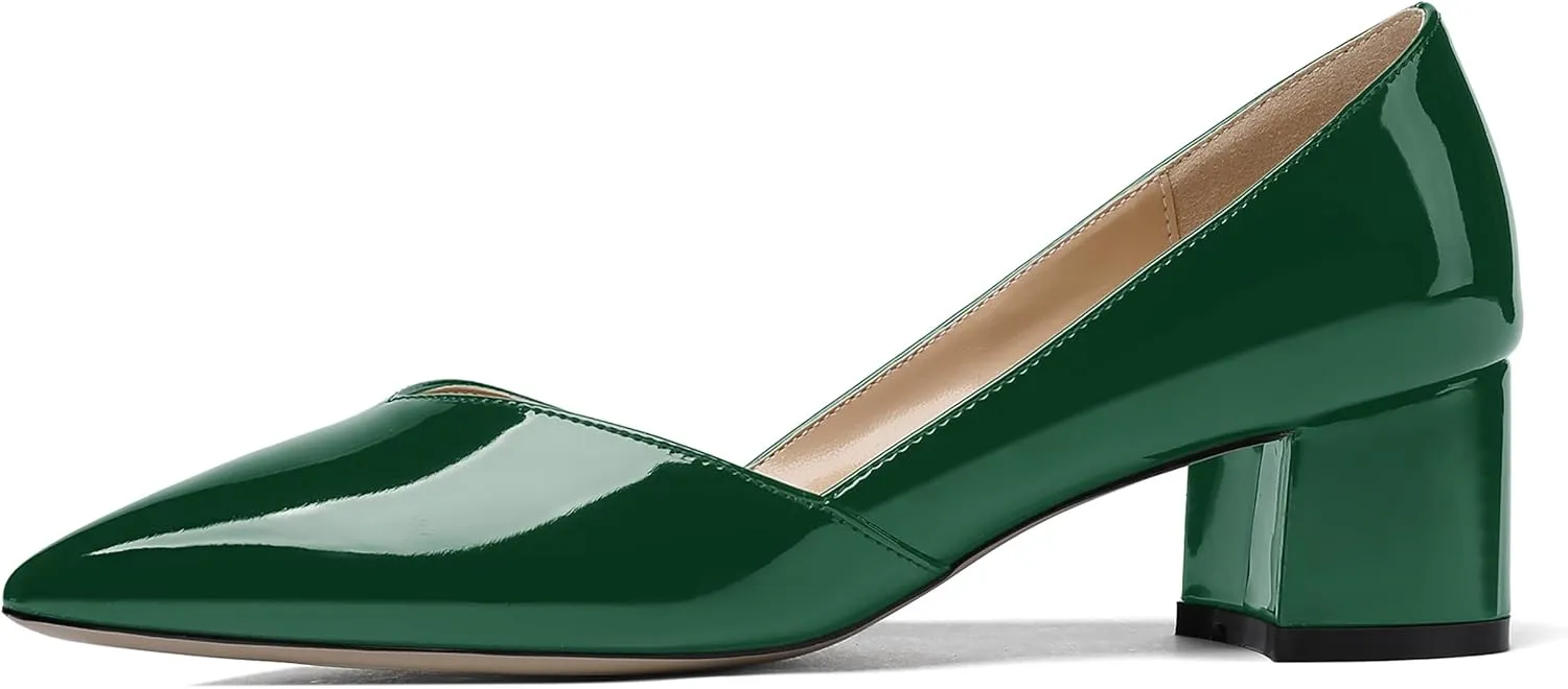 MODENCOCO Women's Patent Slip On Pointed Toe Cut Out Chunky Low Heel Pumps Shoes 2 Inch