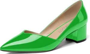 MODENCOCO Women's Patent Slip On Pointed Toe Cut Out Chunky Low Heel Pumps Shoes 2 Inch
