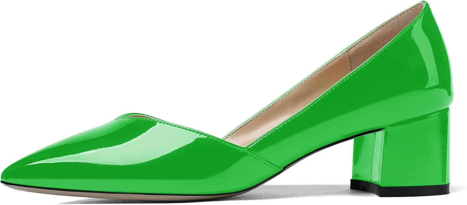 MODENCOCO Women's Patent Slip On Pointed Toe Cut Out Chunky Low Heel Pumps Shoes 2 Inch