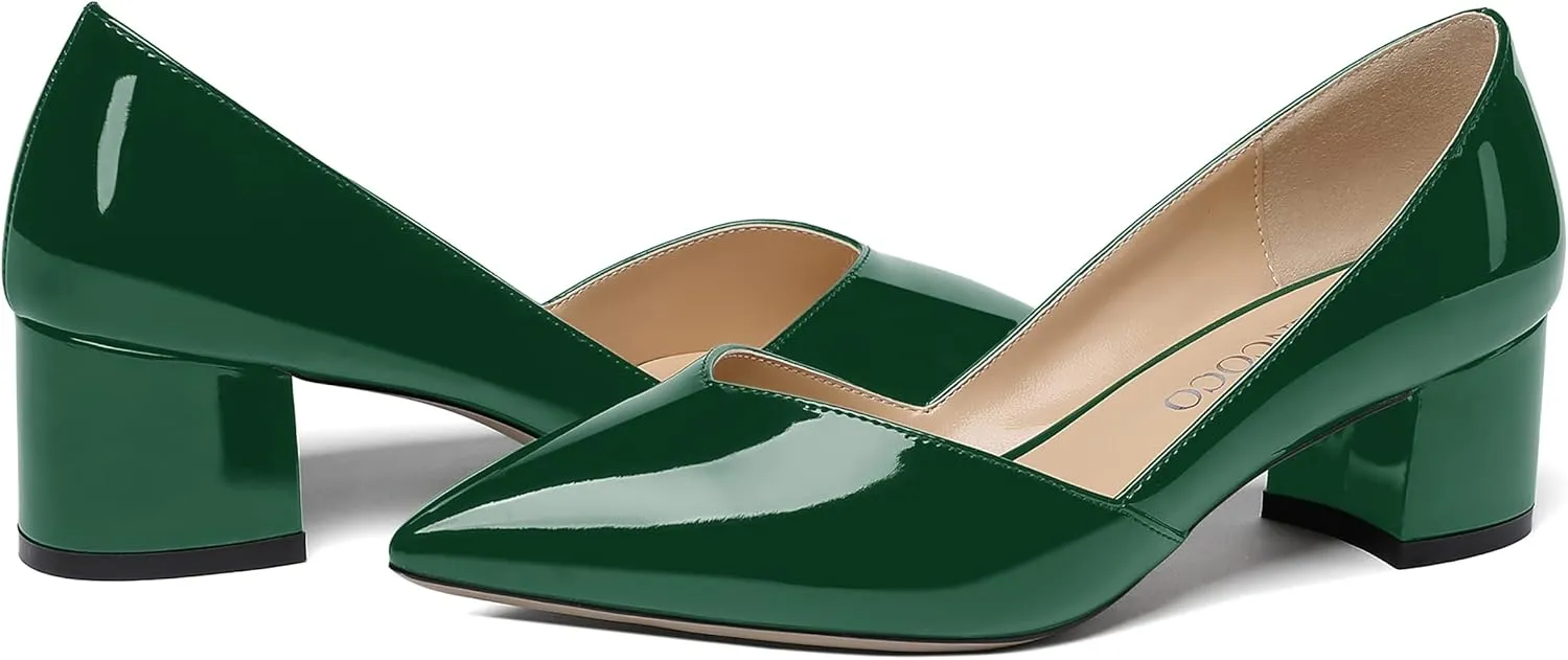 MODENCOCO Women's Patent Slip On Pointed Toe Cut Out Chunky Low Heel Pumps Shoes 2 Inch