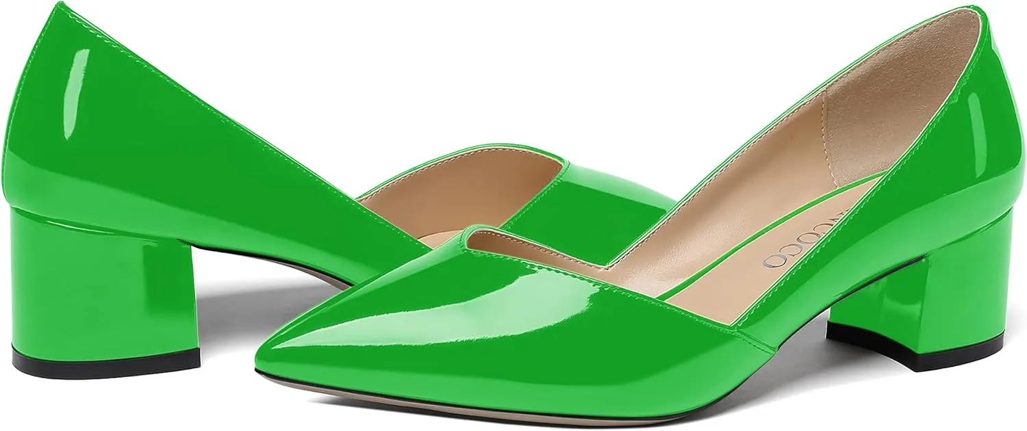 MODENCOCO Women's Patent Slip On Pointed Toe Cut Out Chunky Low Heel Pumps Shoes 2 Inch