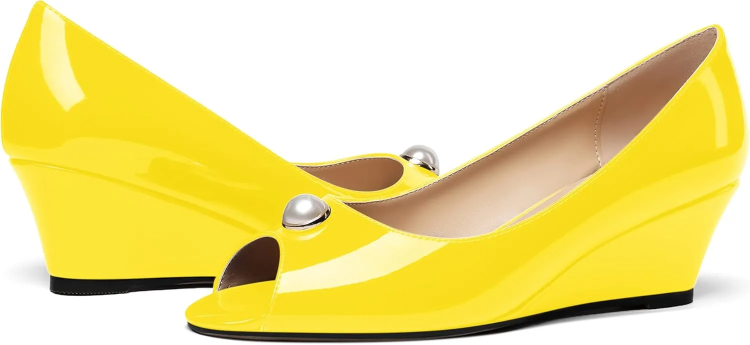 MODENCOCO Women's Pearl Peep Toe Patent Slip On Block Wedge Low Heel Pumps Shoes 2 Inch