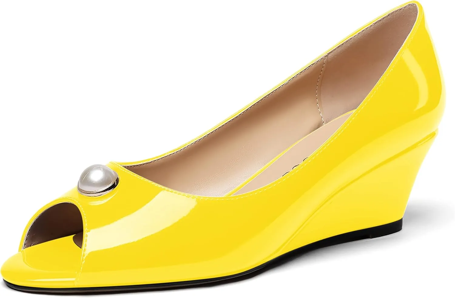 MODENCOCO Women's Pearl Peep Toe Patent Slip On Block Wedge Low Heel Pumps Shoes 2 Inch