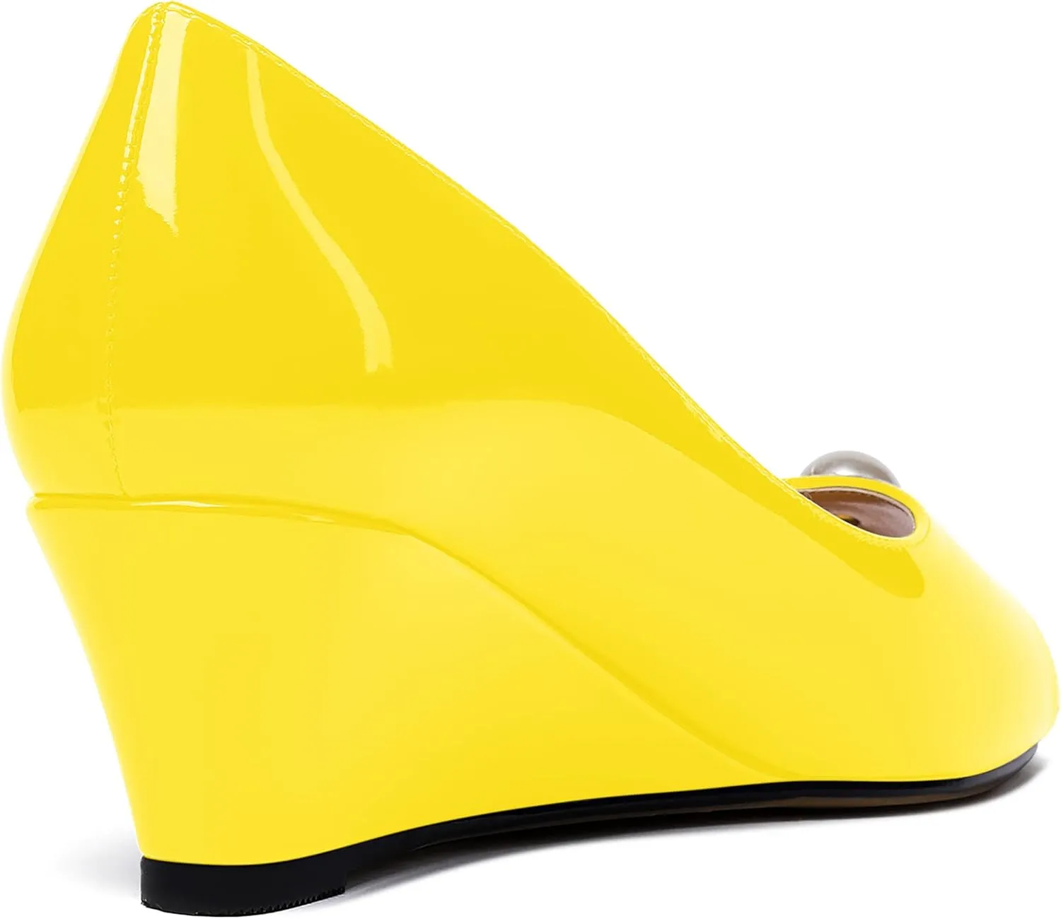 MODENCOCO Women's Pearl Peep Toe Patent Slip On Block Wedge Low Heel Pumps Shoes 2 Inch