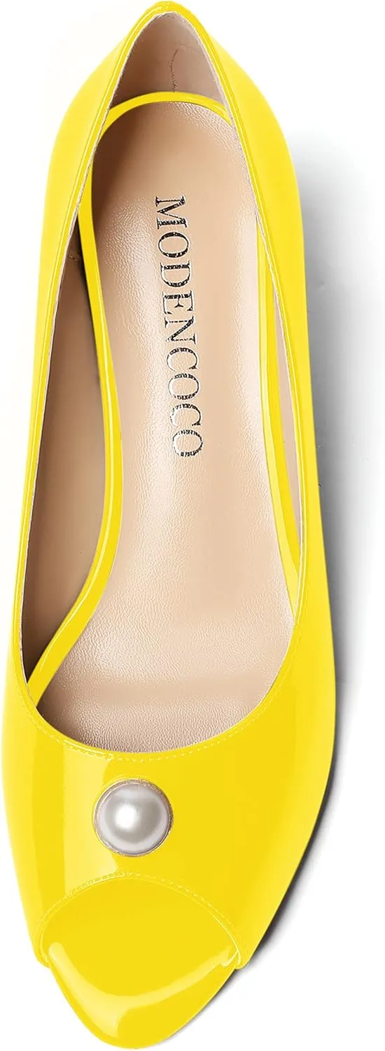 MODENCOCO Women's Pearl Peep Toe Patent Slip On Block Wedge Low Heel Pumps Shoes 2 Inch