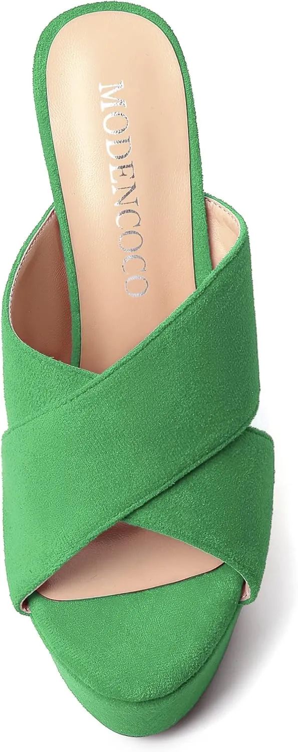 MODENCOCO Womens Platform Sexy Slip On Casual Open Toe Slide Suede Wedge High Heel Heeled Sandals 6 Inch
