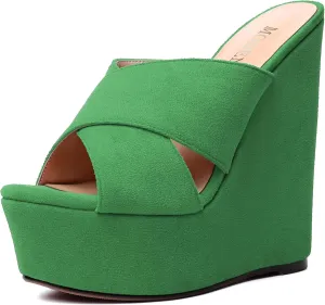 MODENCOCO Womens Platform Sexy Slip On Casual Open Toe Slide Suede Wedge High Heel Heeled Sandals 6 Inch
