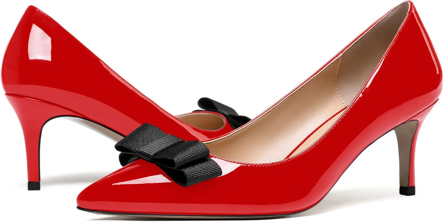MODENCOCO Women's Pointed Toe Dress Bridal Bow Tie Bow Slip On Patent Stiletto Mid Heel Pumps Shoes 2.5 Inch