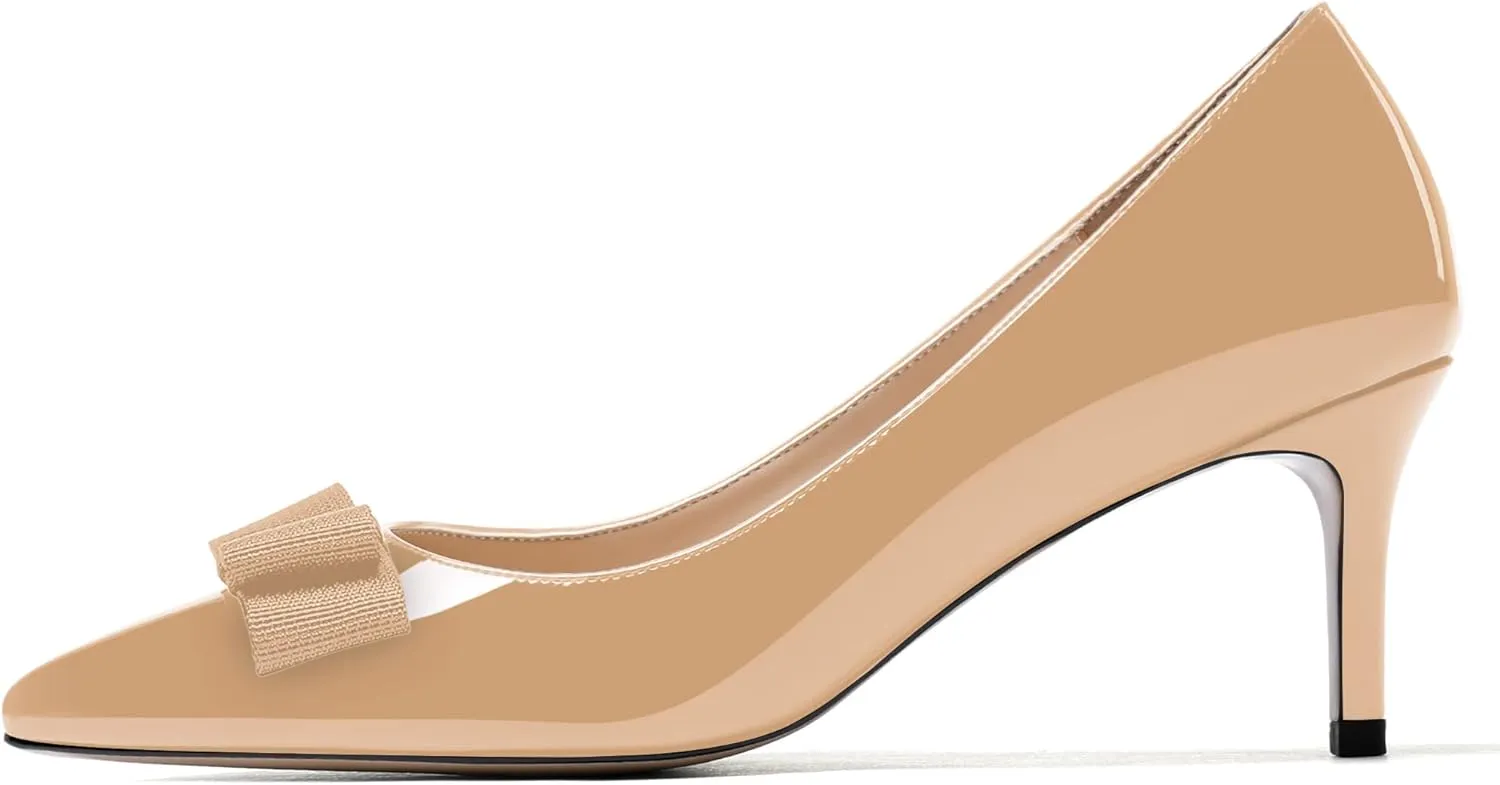 MODENCOCO Women's Pointed Toe Dress Bridal Bow Tie Bow Slip On Patent Stiletto Mid Heel Pumps Shoes 2.5 Inch