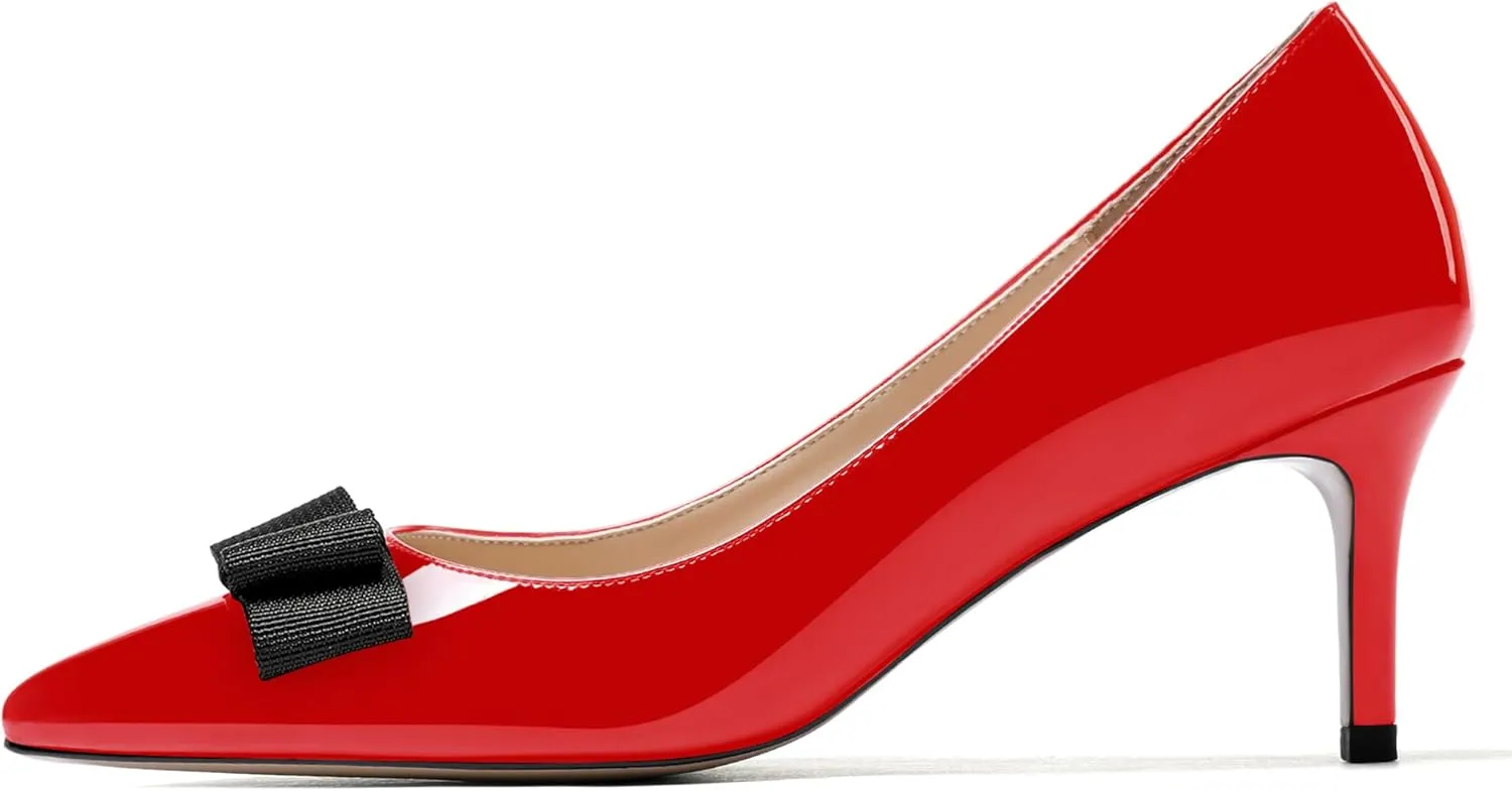 MODENCOCO Women's Pointed Toe Dress Bridal Bow Tie Bow Slip On Patent Stiletto Mid Heel Pumps Shoes 2.5 Inch