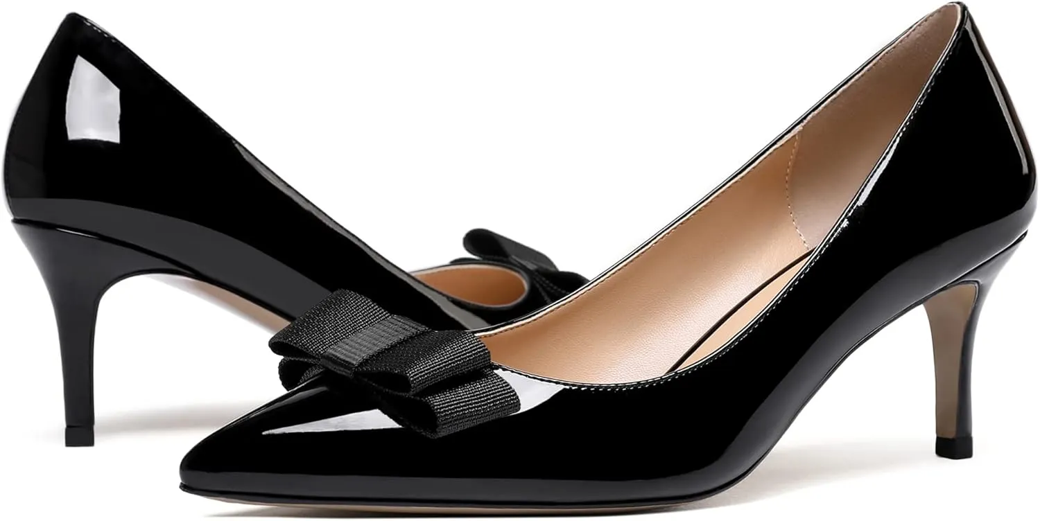 MODENCOCO Women's Pointed Toe Dress Bridal Bow Tie Bow Slip On Patent Stiletto Mid Heel Pumps Shoes 2.5 Inch