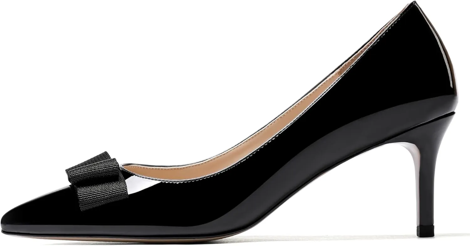 MODENCOCO Women's Pointed Toe Dress Bridal Bow Tie Bow Slip On Patent Stiletto Mid Heel Pumps Shoes 2.5 Inch