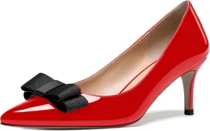 MODENCOCO Women's Pointed Toe Dress Bridal Bow Tie Bow Slip On Patent Stiletto Mid Heel Pumps Shoes 2.5 Inch
