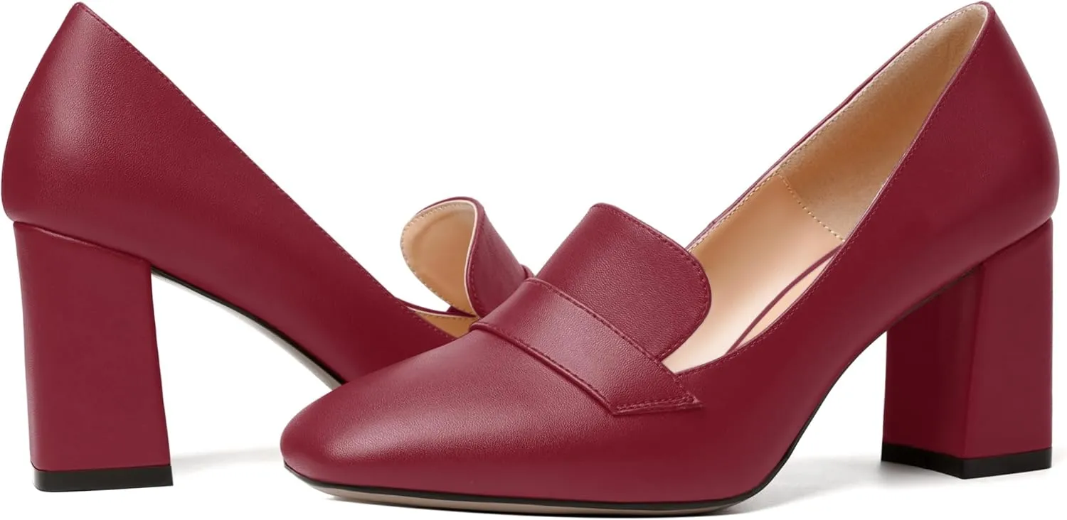 MODENCOCO Womens Sexy Formal Matte Slip On Square Toe Work Block High Heel Loafers Shoes 3.5 Inch