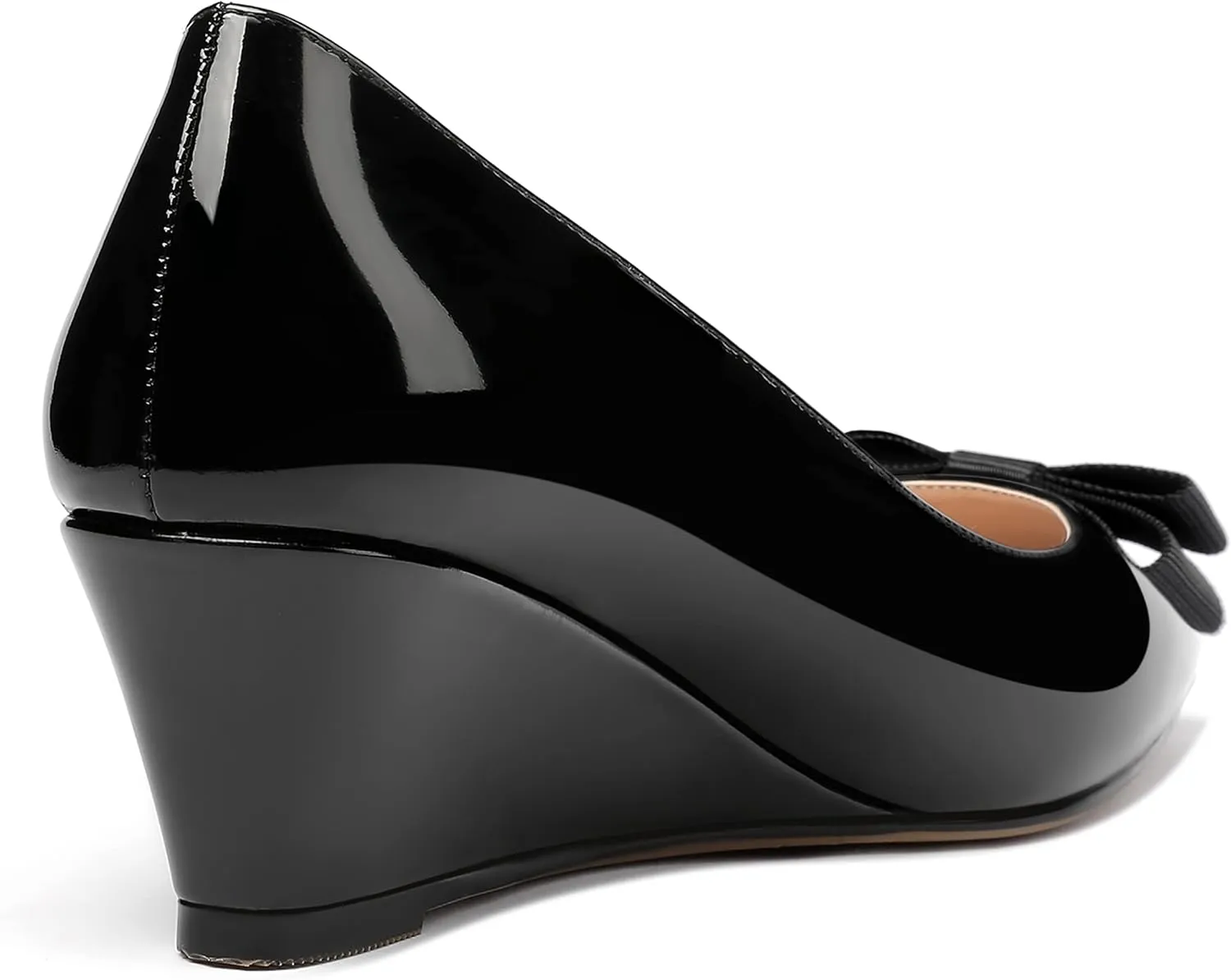 MODENCOCO Women's Slip On Pointed Toe Bow Patent Wedge Low Heel Pumps Evening Wedding Party Dress Shoes 2 Inch