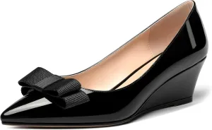 MODENCOCO Women's Slip On Pointed Toe Bow Patent Wedge Low Heel Pumps Evening Wedding Party Dress Shoes 2 Inch