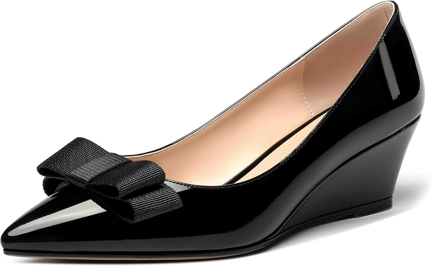 MODENCOCO Women's Slip On Pointed Toe Bow Patent Wedge Low Heel Pumps Evening Wedding Party Dress Shoes 2 Inch