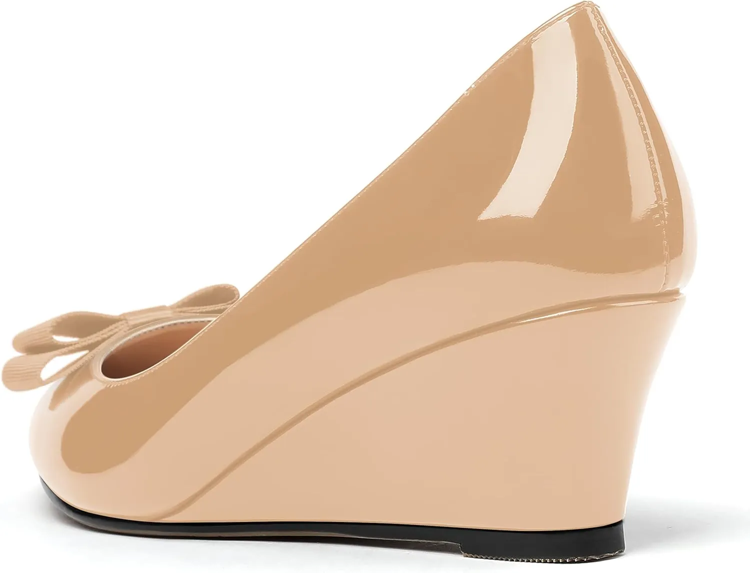 MODENCOCO Women's Slip On Pointed Toe Bow Patent Wedge Low Heel Pumps Evening Wedding Party Dress Shoes 2 Inch