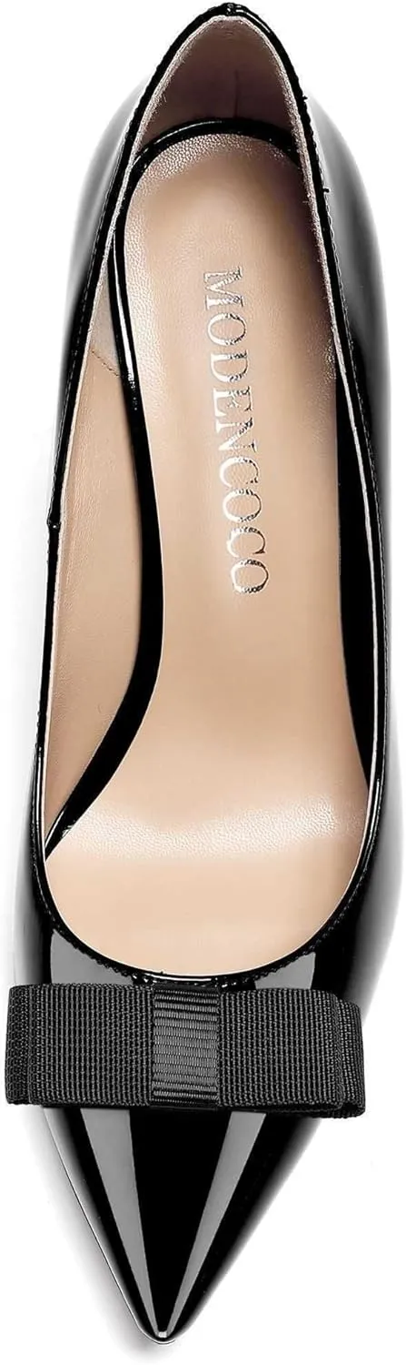 MODENCOCO Women's Slip On Pointed Toe Bow Patent Wedge Low Heel Pumps Evening Wedding Party Dress Shoes 2 Inch