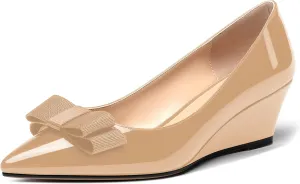 MODENCOCO Women's Slip On Pointed Toe Bow Patent Wedge Low Heel Pumps Evening Wedding Party Dress Shoes 2 Inch